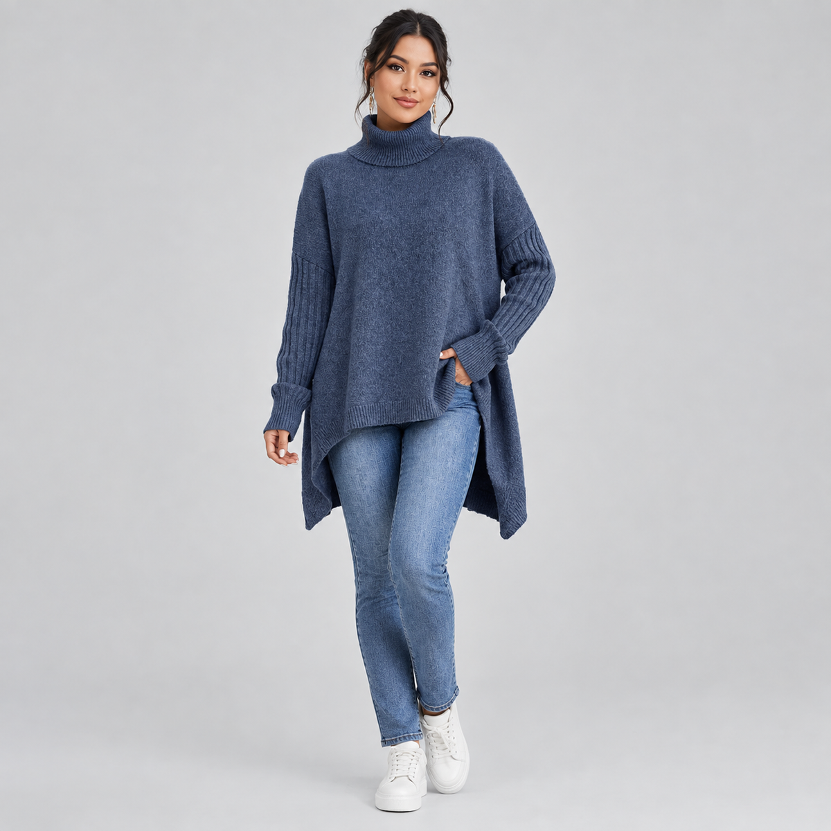Women's Oversized Ribbed Turtleneck Sweater on a model, front view