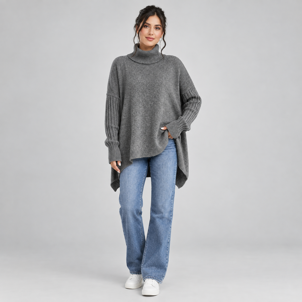 Women's Oversized Ribbed Turtleneck Sweater on a model, colour option