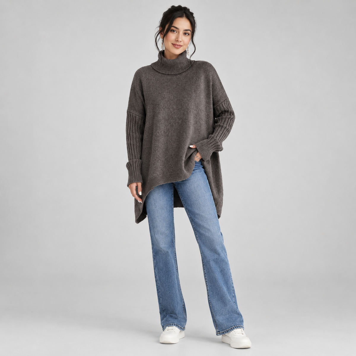 Women's Oversized Ribbed Turtleneck Sweater on a model, colour option