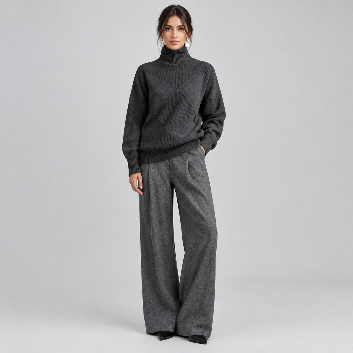 Women's Argyle Knit Turtleneck Sweater on a model, colour option