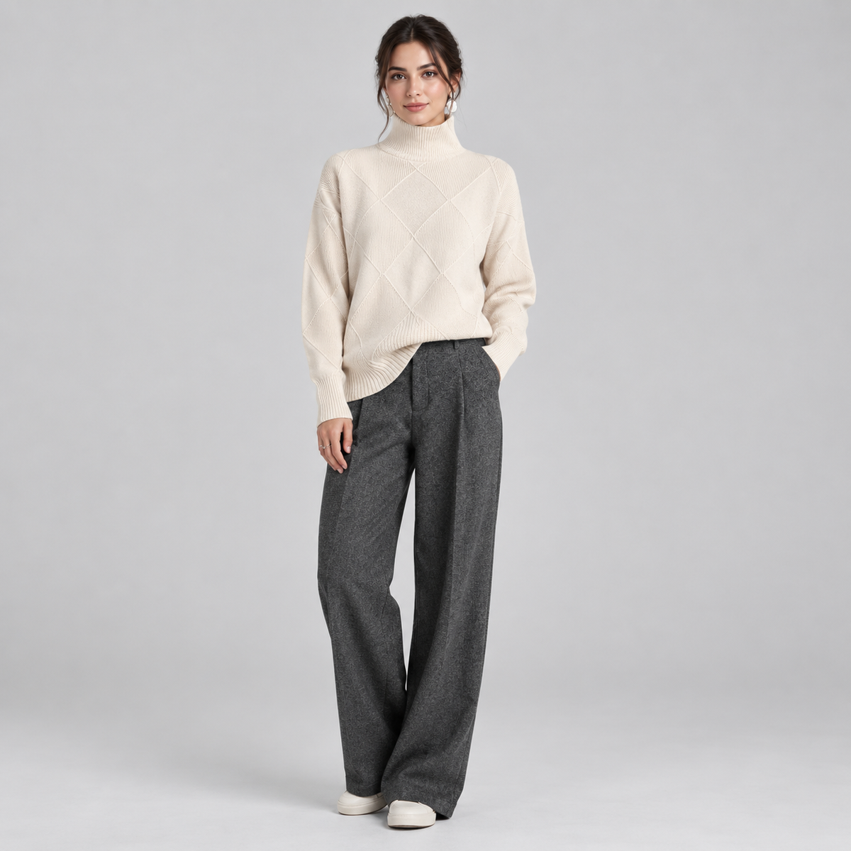 Women's Argyle Knit Turtleneck Sweater on a model, colour option