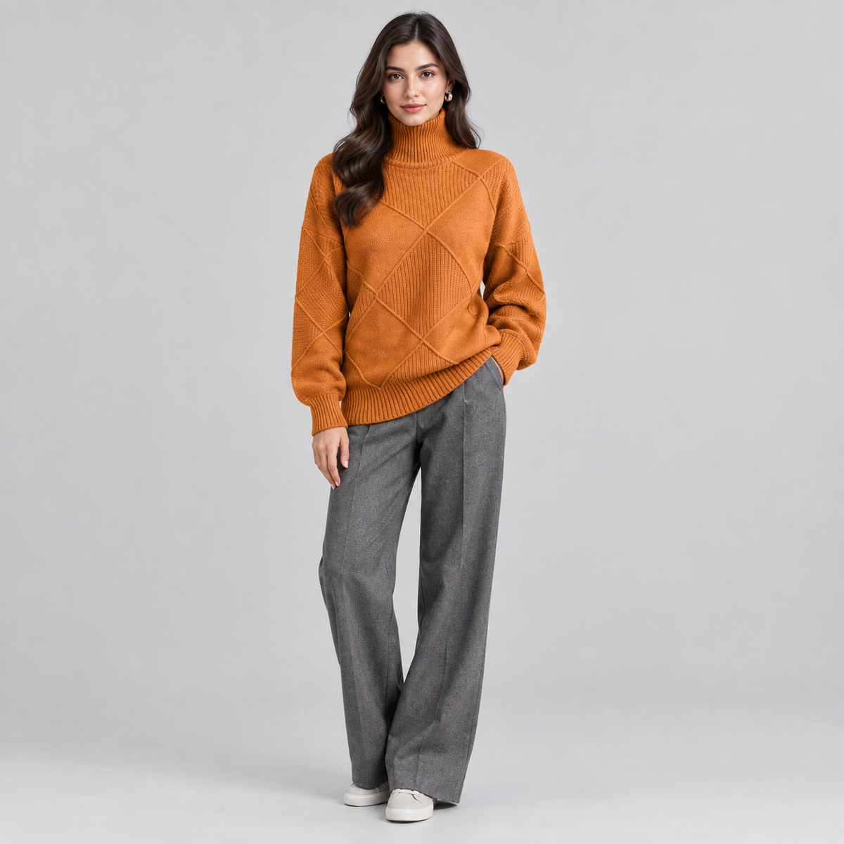 Women's Argyle Knit Turtleneck Sweater on a model, colour option