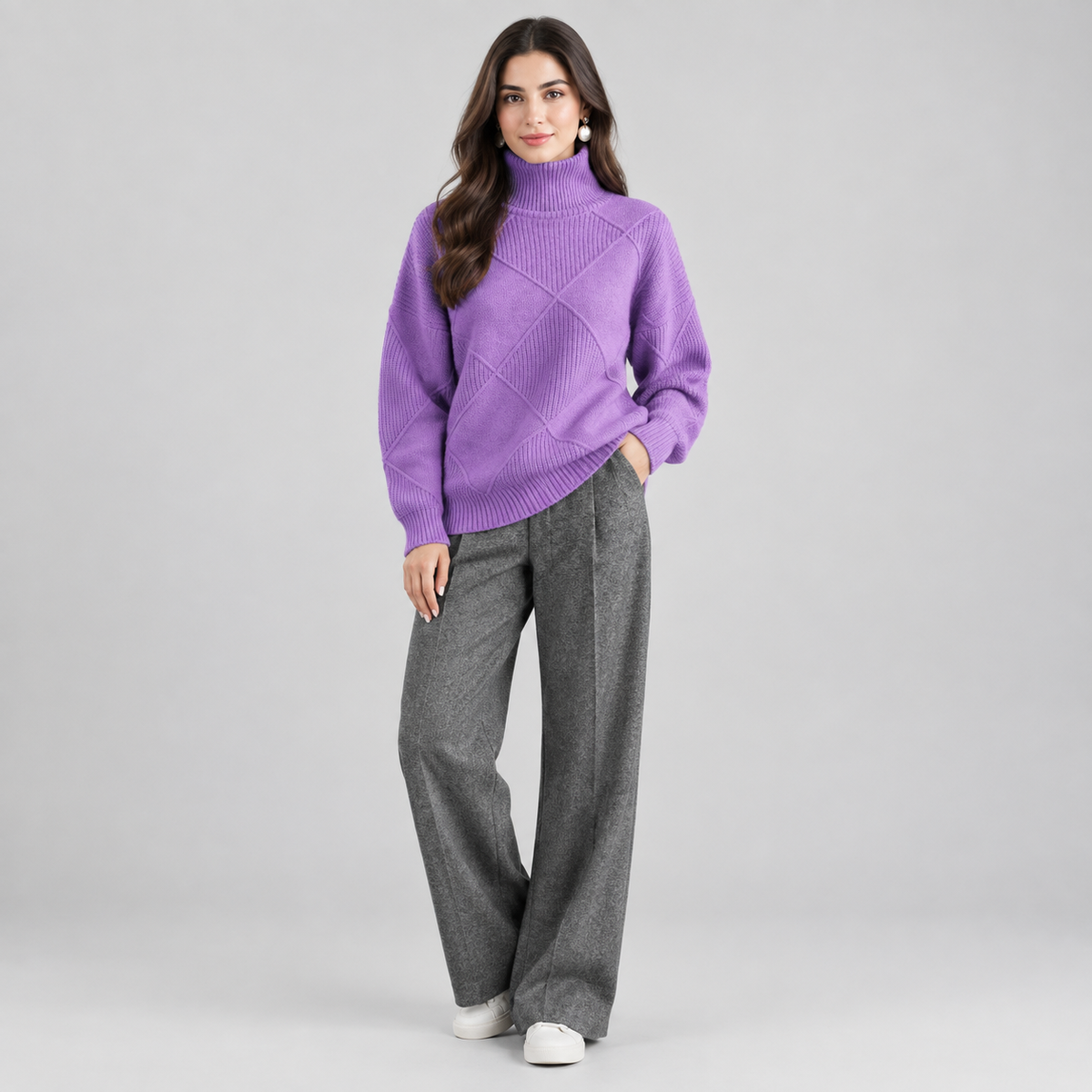 Women's Argyle Knit Turtleneck Sweater on a model, colour option