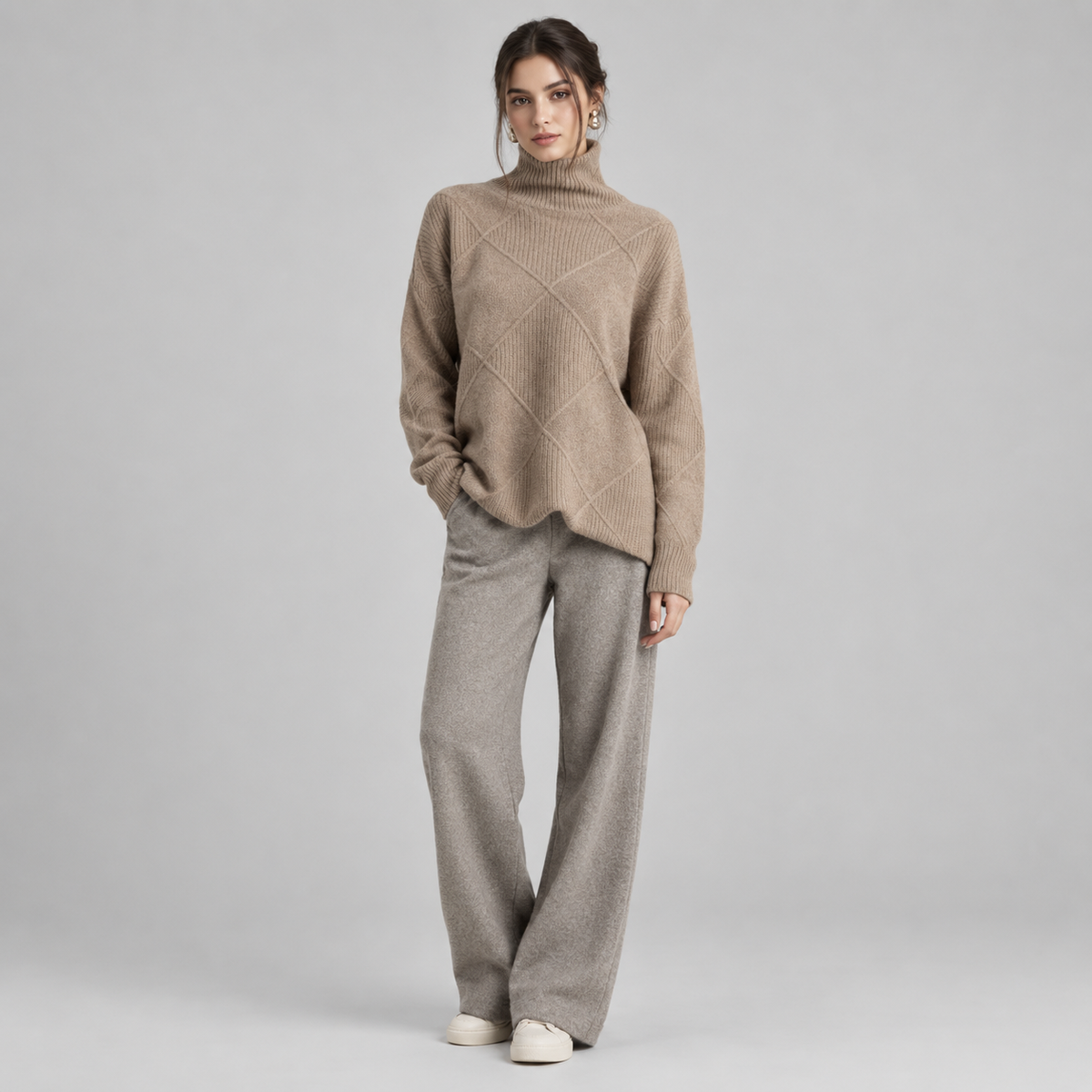Women's Argyle Knit Turtleneck Sweater on a model, colour option