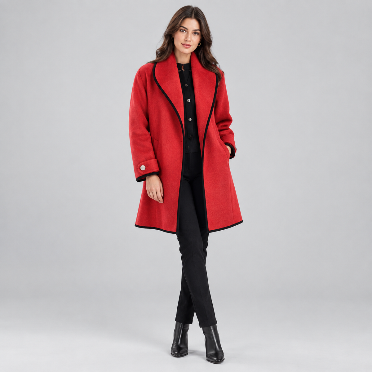 Women's Oversized Contrast-Trim Swing Coat on a model, colour option