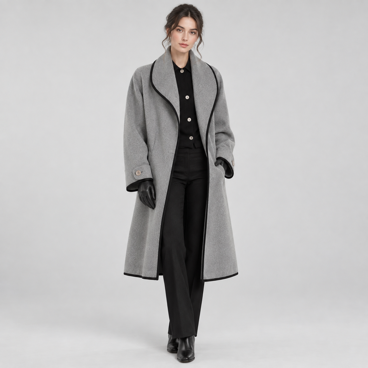 Women's Oversized Contrast-Trim Swing Coat on a model, colour option