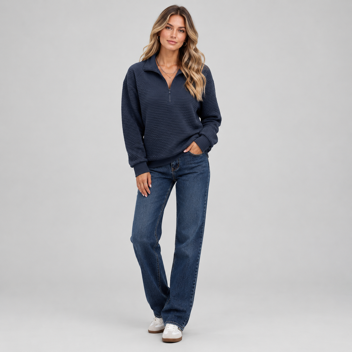 Women's Quarter-Zip Ribbed Pullover on a model, colour option