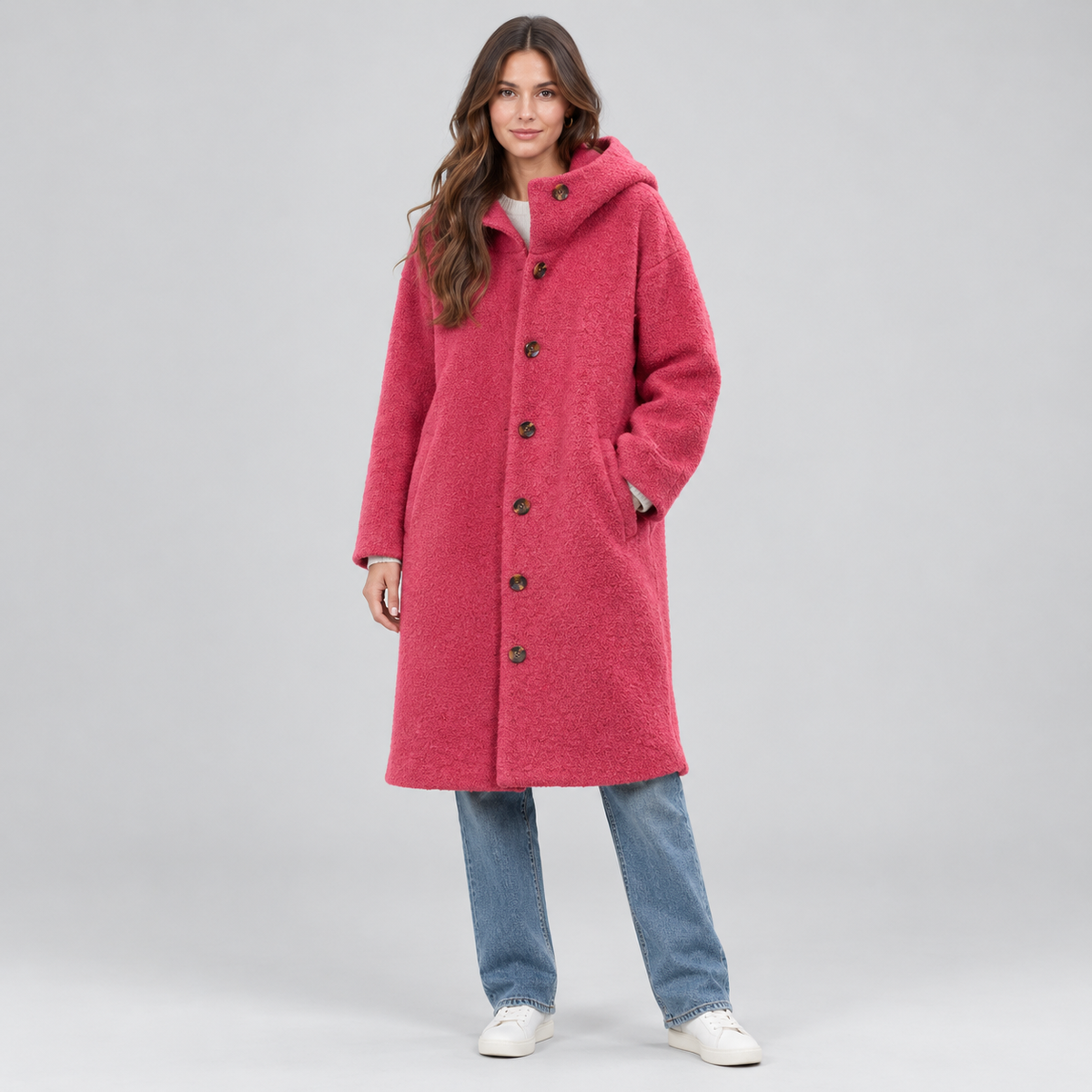 Women's Longline Hooded Fleece Coat on a model, front view