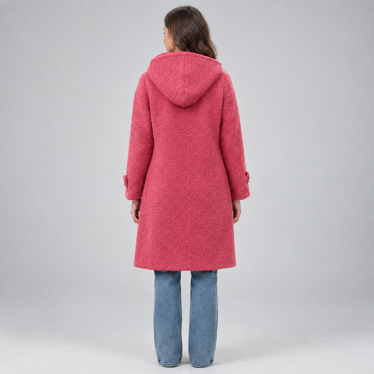 Women's Longline Hooded Fleece Coat on a model, back view