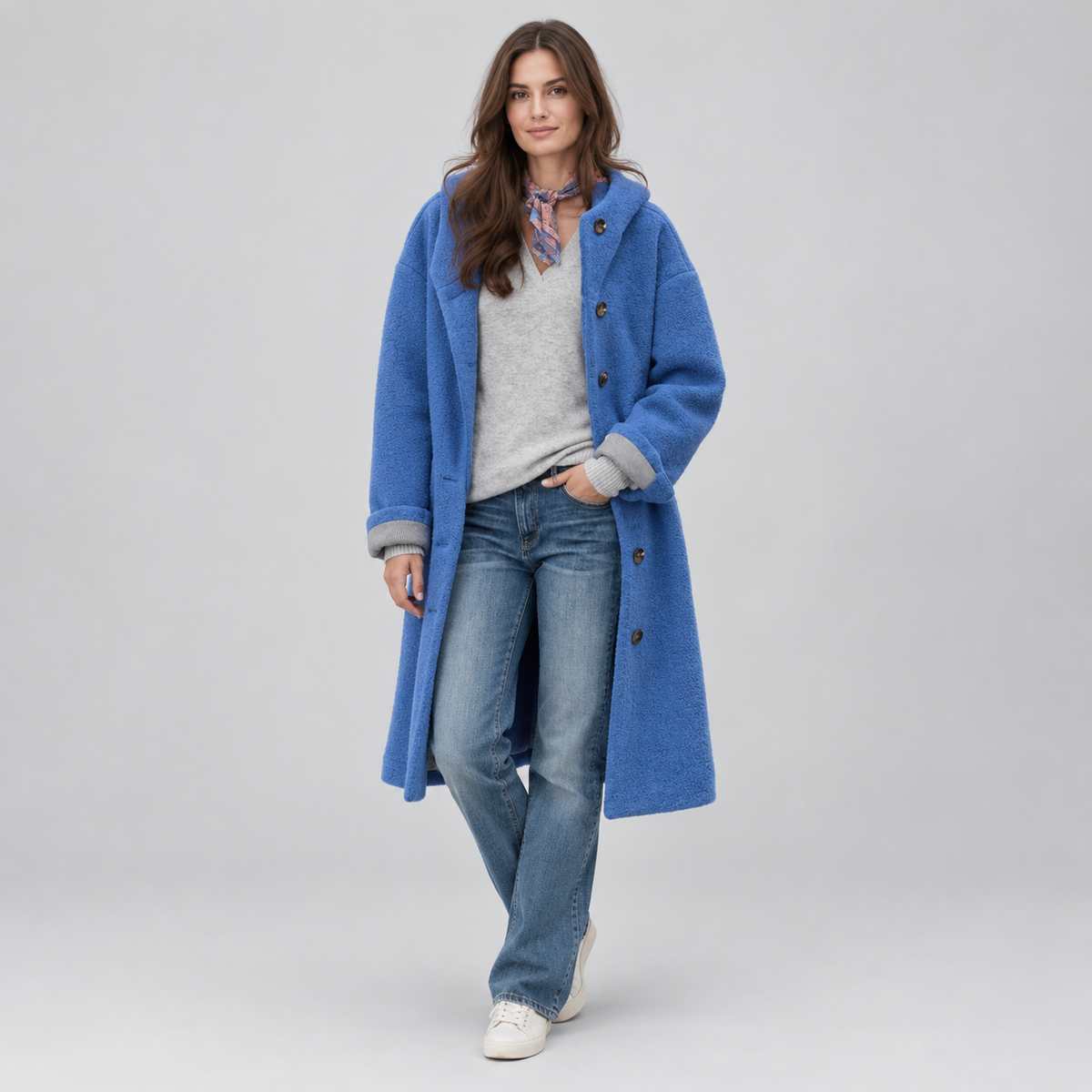 Women's Longline Hooded Fleece Coat on a model, colour option