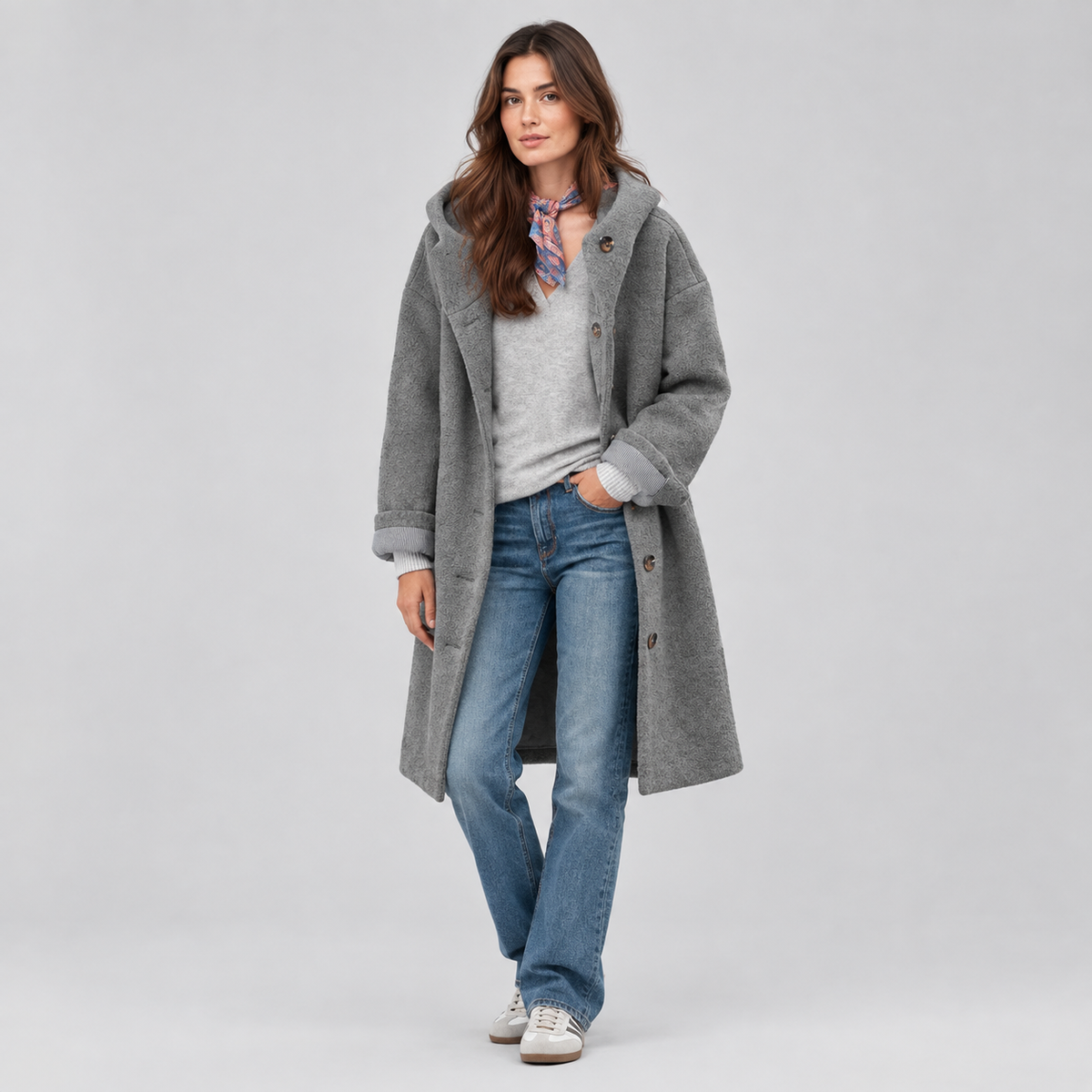 Women's Longline Hooded Fleece Coat on a model, colour option