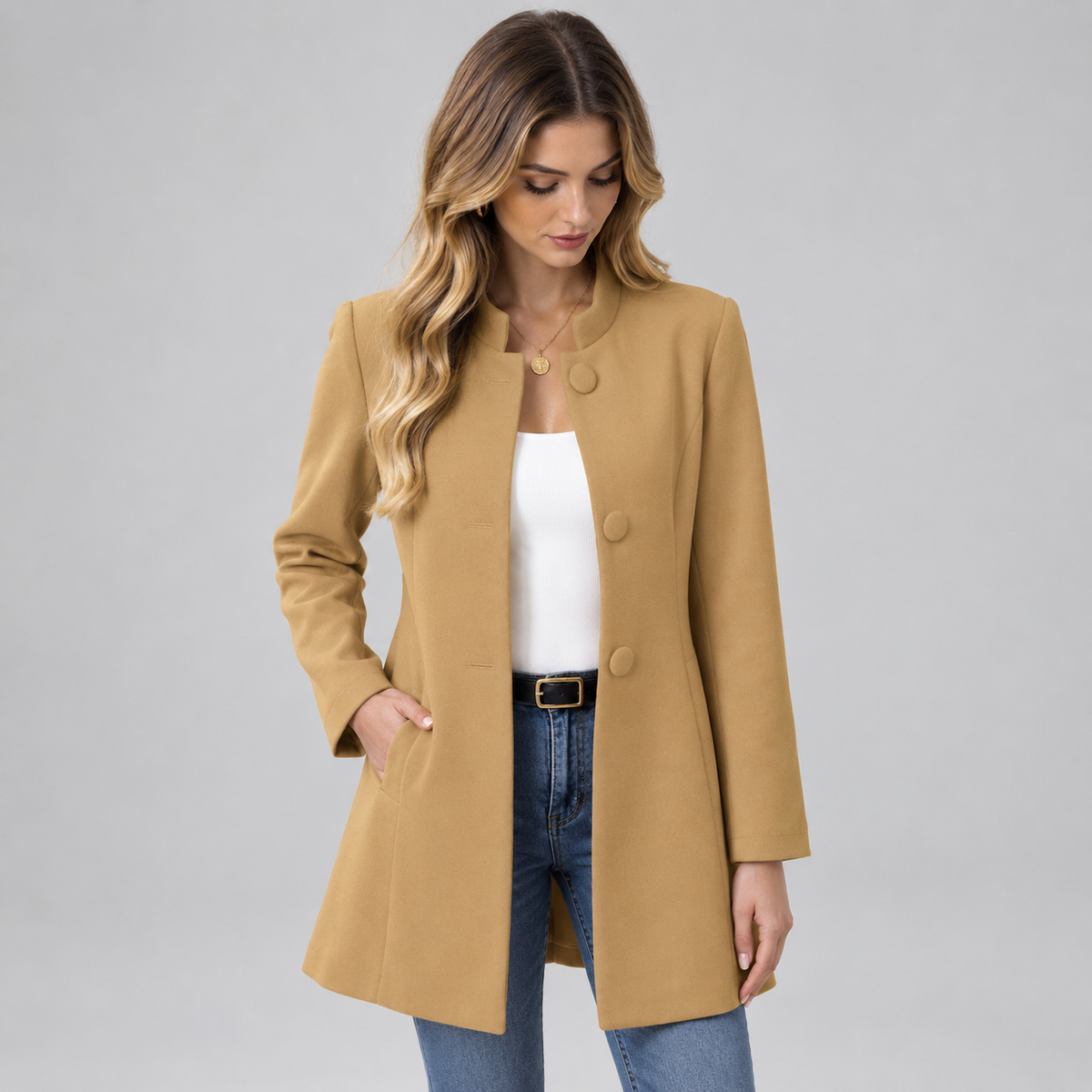 Women's Stand-Collar Button-Front Blazer Jacket on a model, front detail
