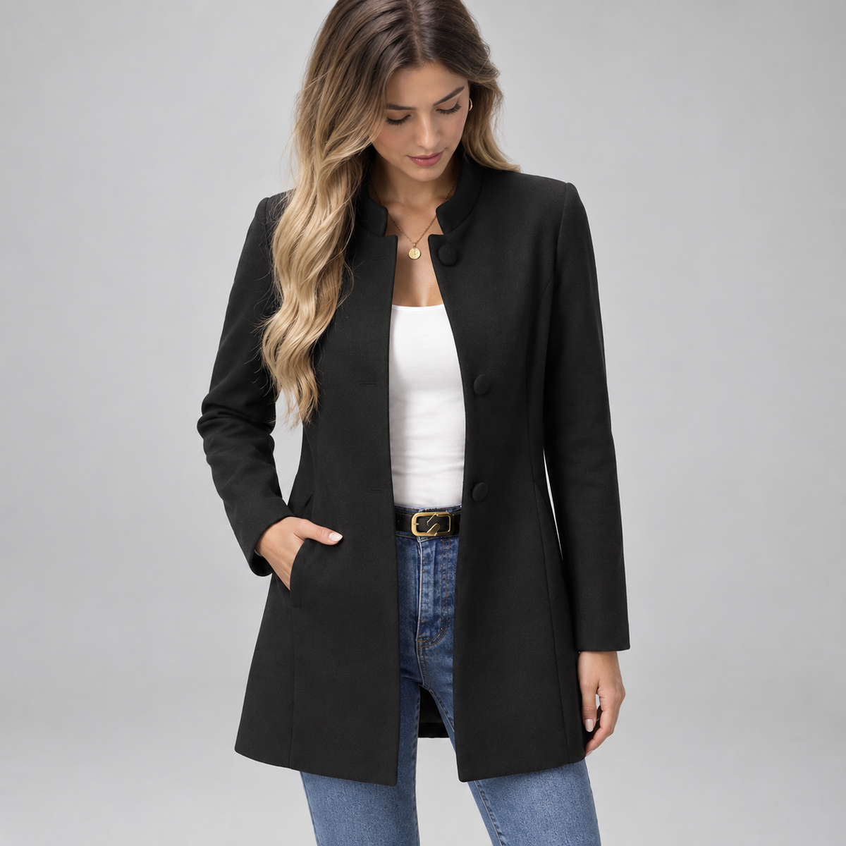 Women's Stand-Collar Button-Front Blazer Jacket on a model, colour option
