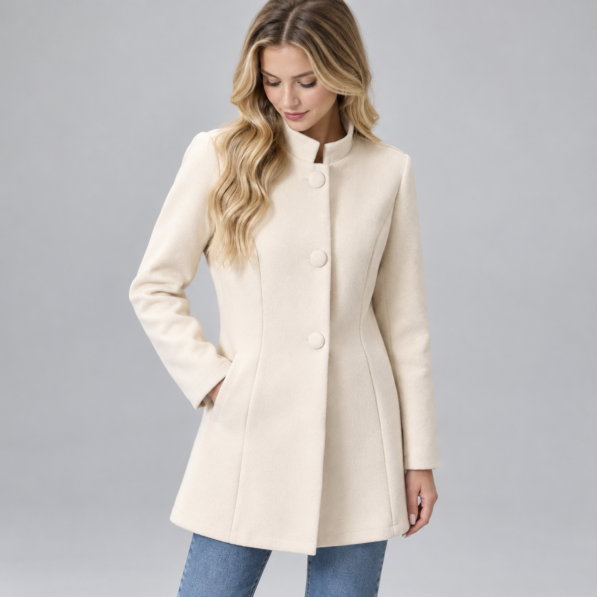 Women's Stand-Collar Button-Front Blazer Jacket on a model, colour option
