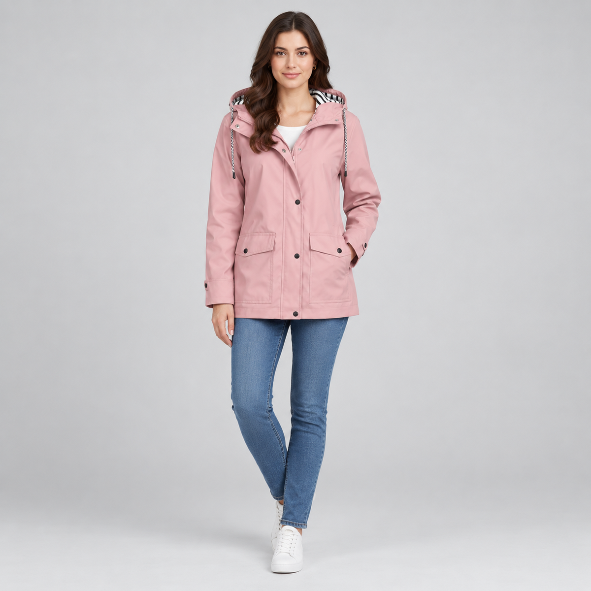 Women's Hooded Striped-Lined Jacket on a model, front view