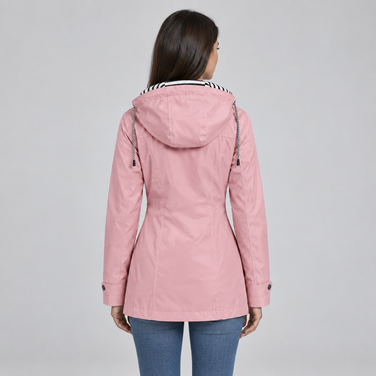 Women's Hooded Striped-Lined Jacket on a model, back view
