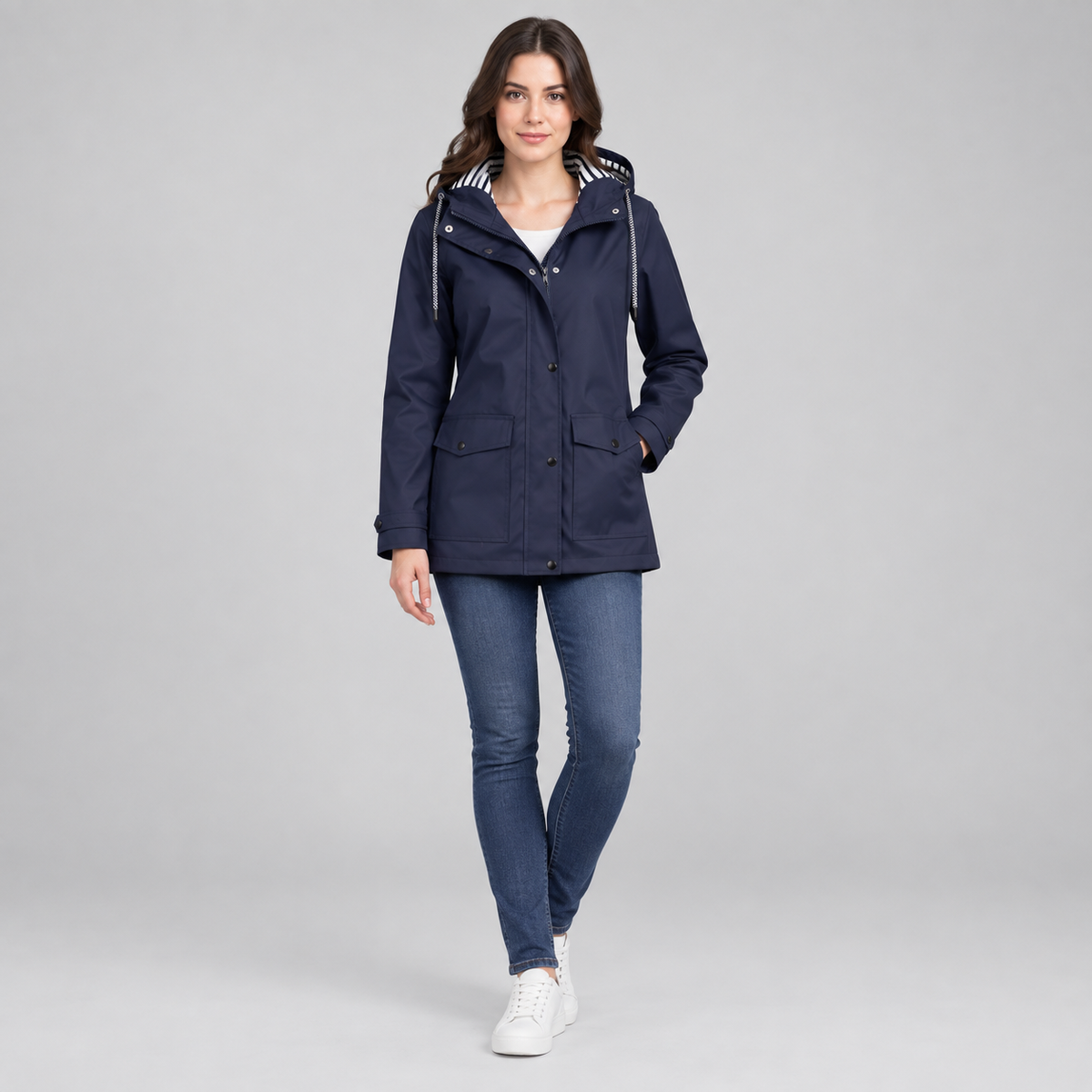 Women's Hooded Striped-Lined Jacket on a model, colour option