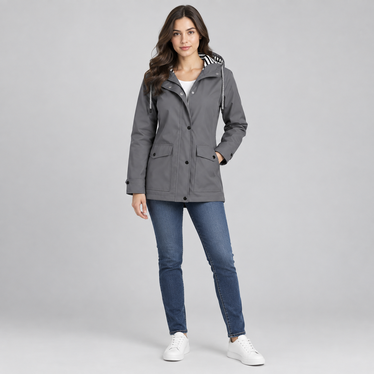 Women's Hooded Striped-Lined Jacket on a model, colour option