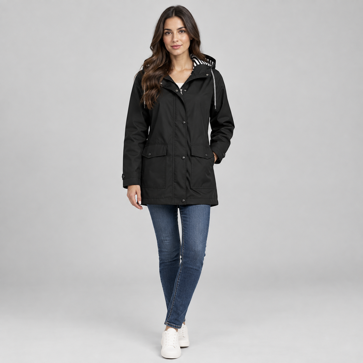 Women's Hooded Striped-Lined Jacket on a model, colour option