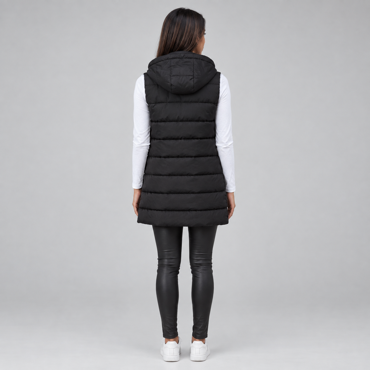 Women's Longline Hooded Sleeveless Puffer Vest — product image
