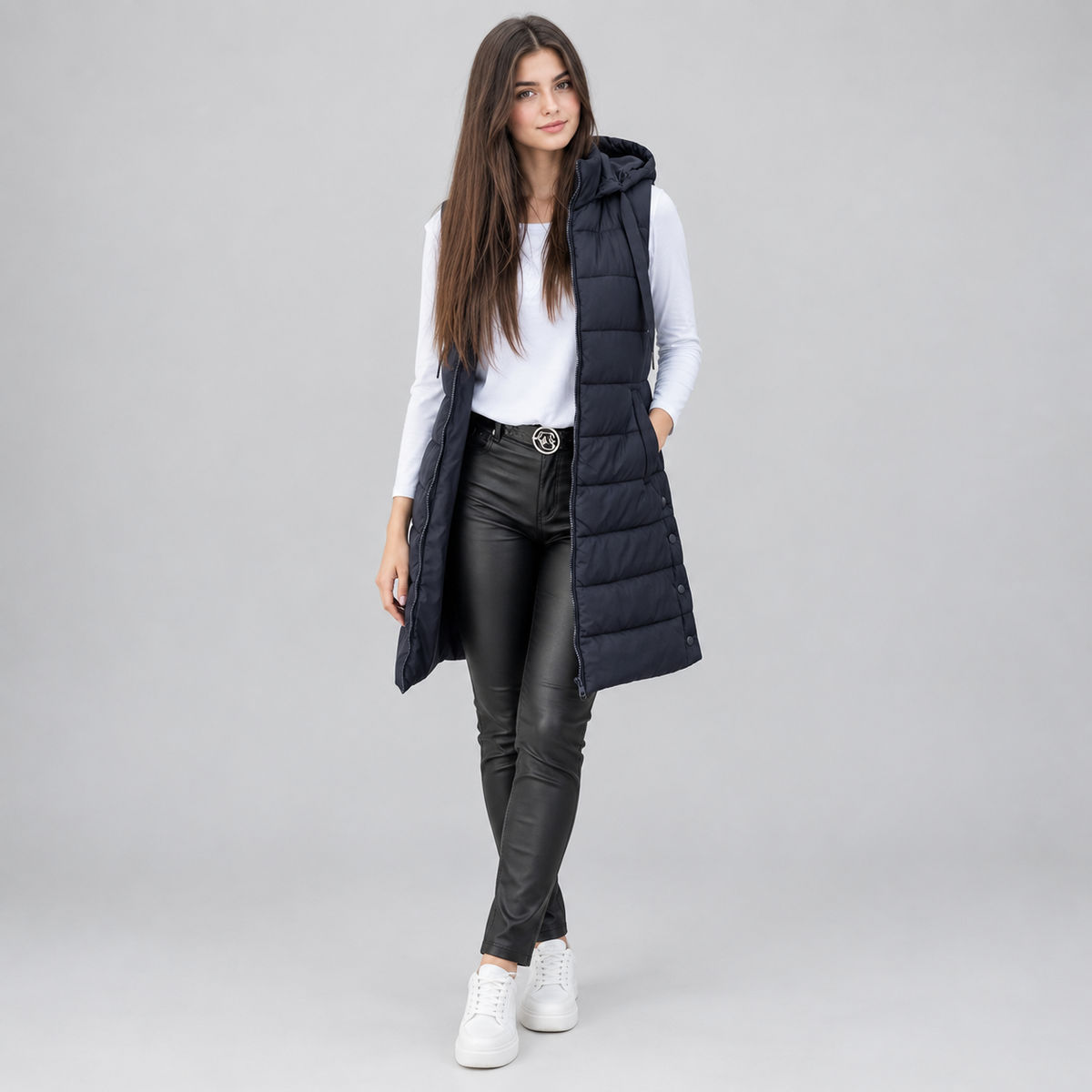 Women's Longline Hooded Sleeveless Puffer Vest — product image