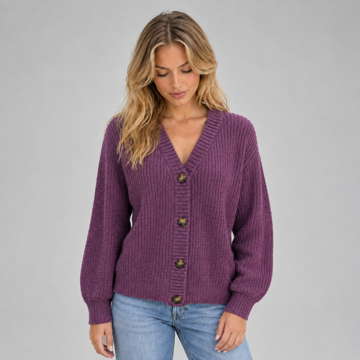 Women’s Chunky Knit Cardigan on a model, front detail