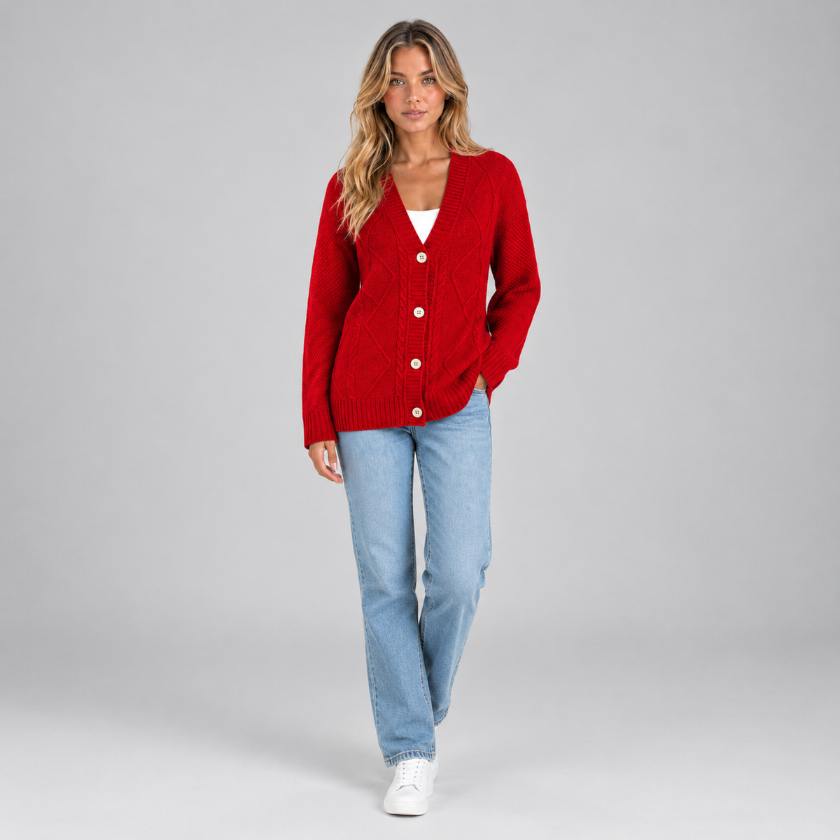 Women’s Cable Knit Button Cardigan on a model, colour option
