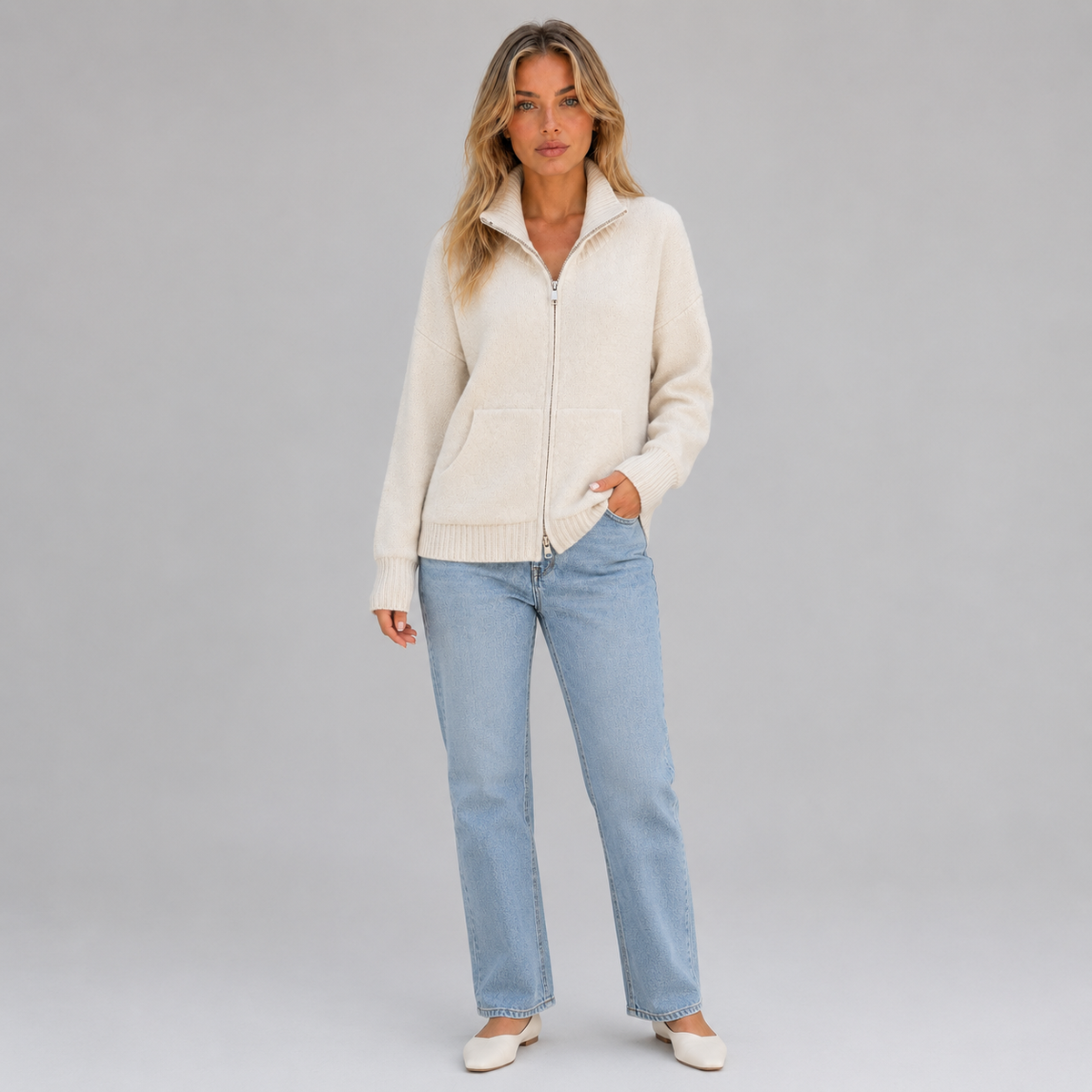 Women’s Zip Up Knitted Cardigan on a model, front view