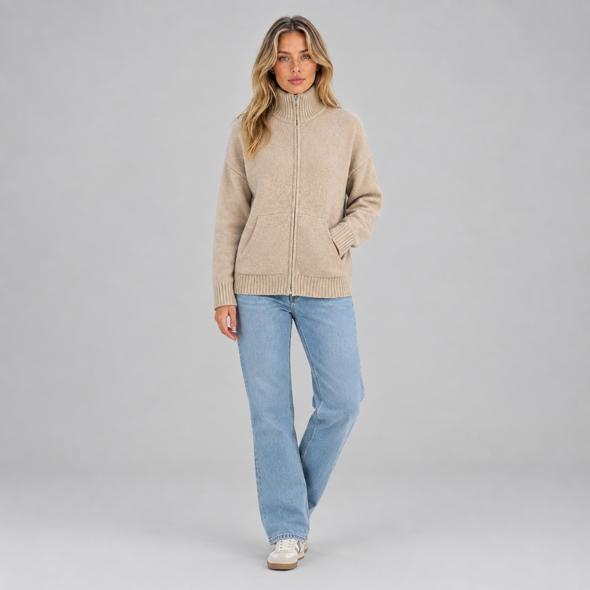 Women’s Zip Up Knitted Cardigan on a model, colour option