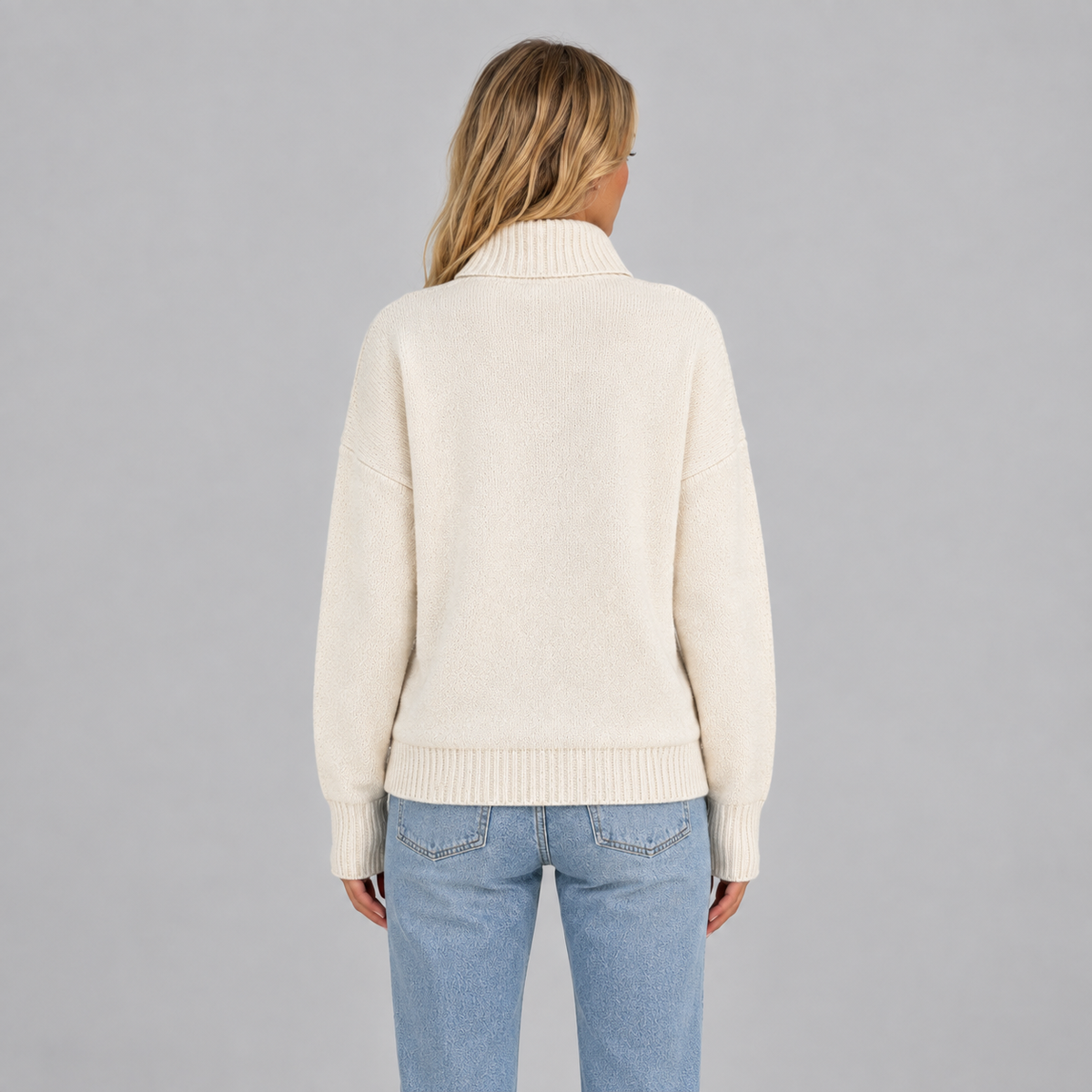 Women’s Zip Up Knitted Cardigan on a model, back view