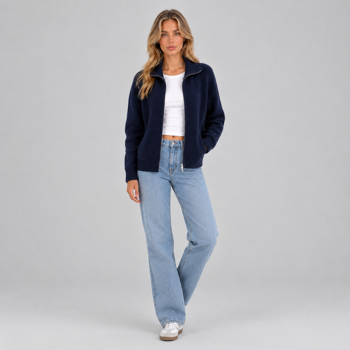 Women’s Zip Up Knitted Cardigan on a model, colour option
