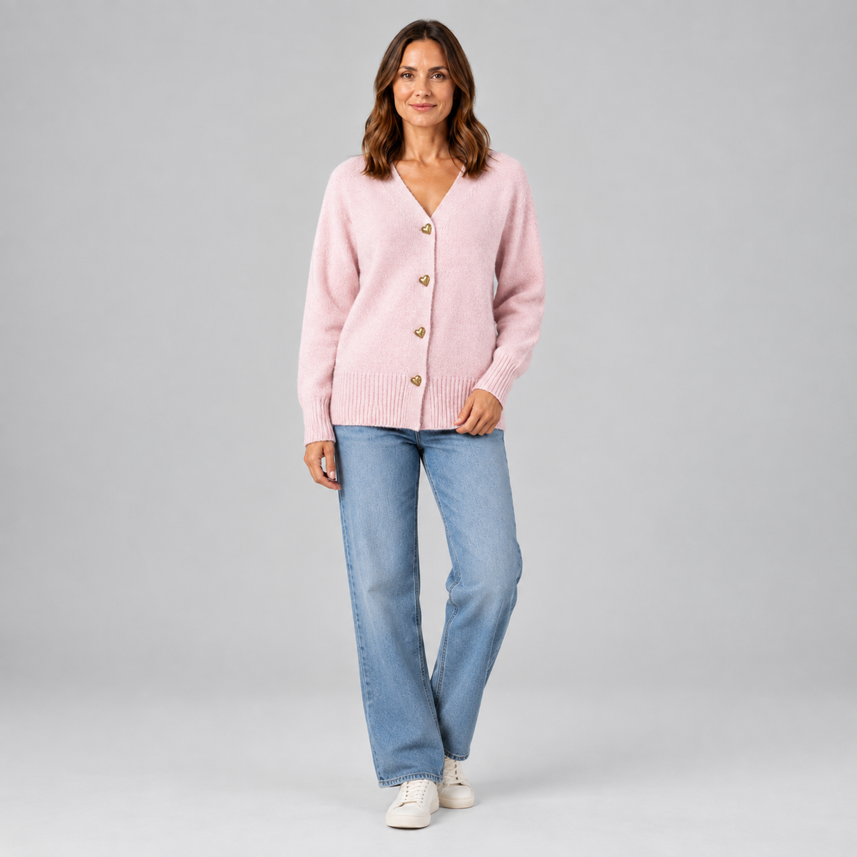Women’s Heart Button Cardigan on a model, colour option