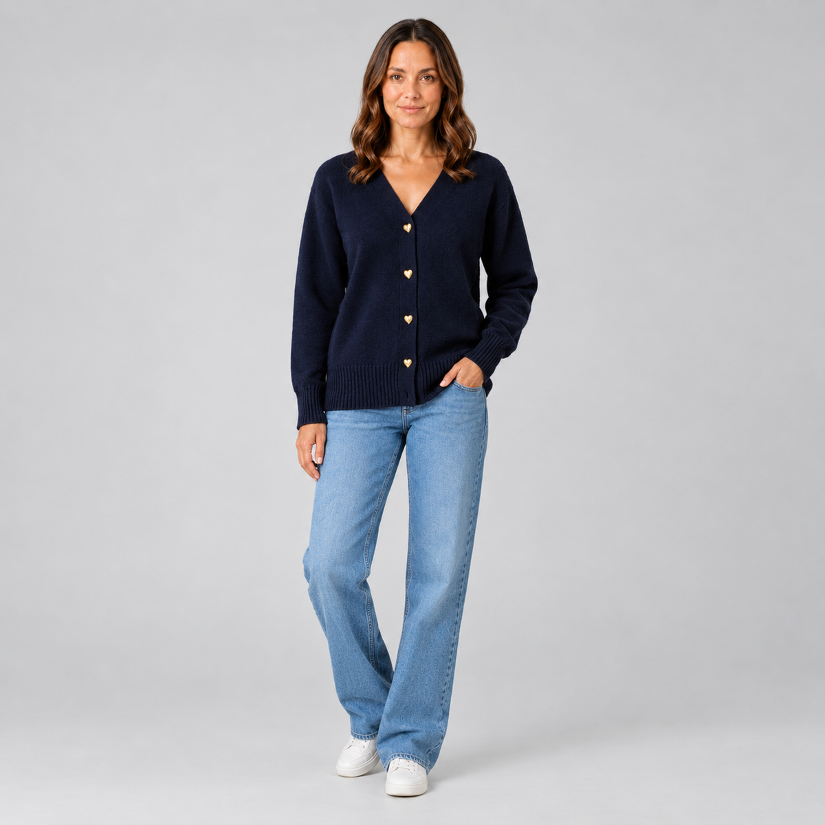 Women’s Heart Button Cardigan on a model, colour option