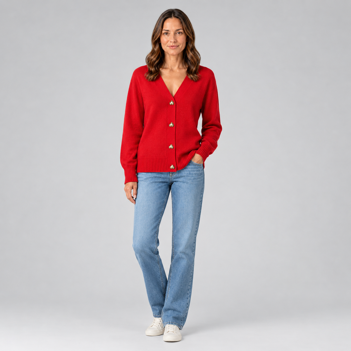 Women’s Heart Button Cardigan on a model, colour option