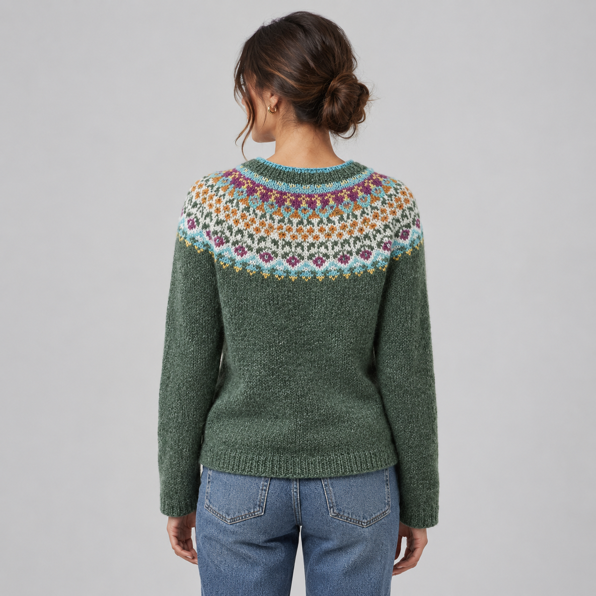 Women’s Vintage Floral Yoke Knit Sweater on a model, back view