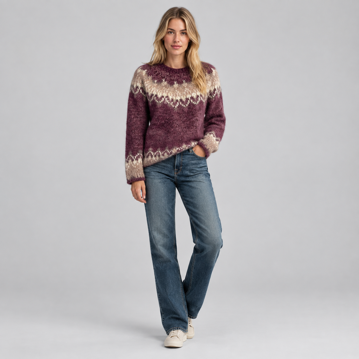 Women’s Fair Isle Jacquard Knit Sweater on a model, front view