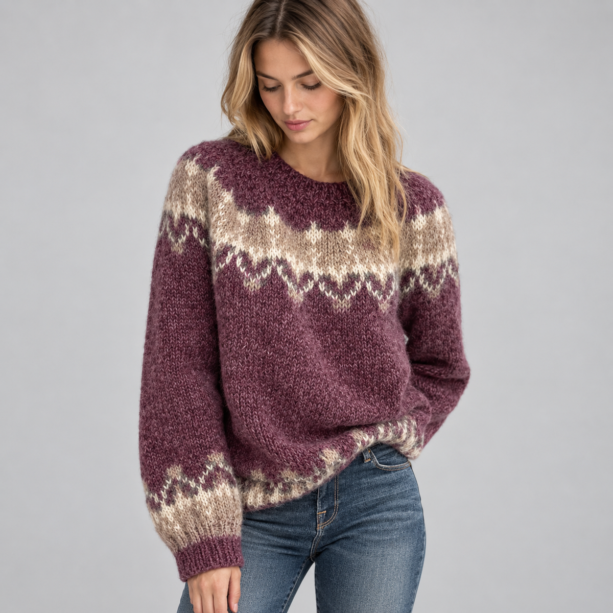 Women’s Fair Isle Jacquard Knit Sweater on a model, front detail
