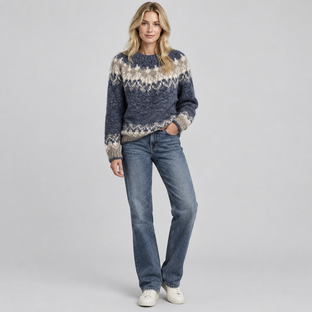 Women’s Fair Isle Jacquard Knit Sweater on a model, colour option