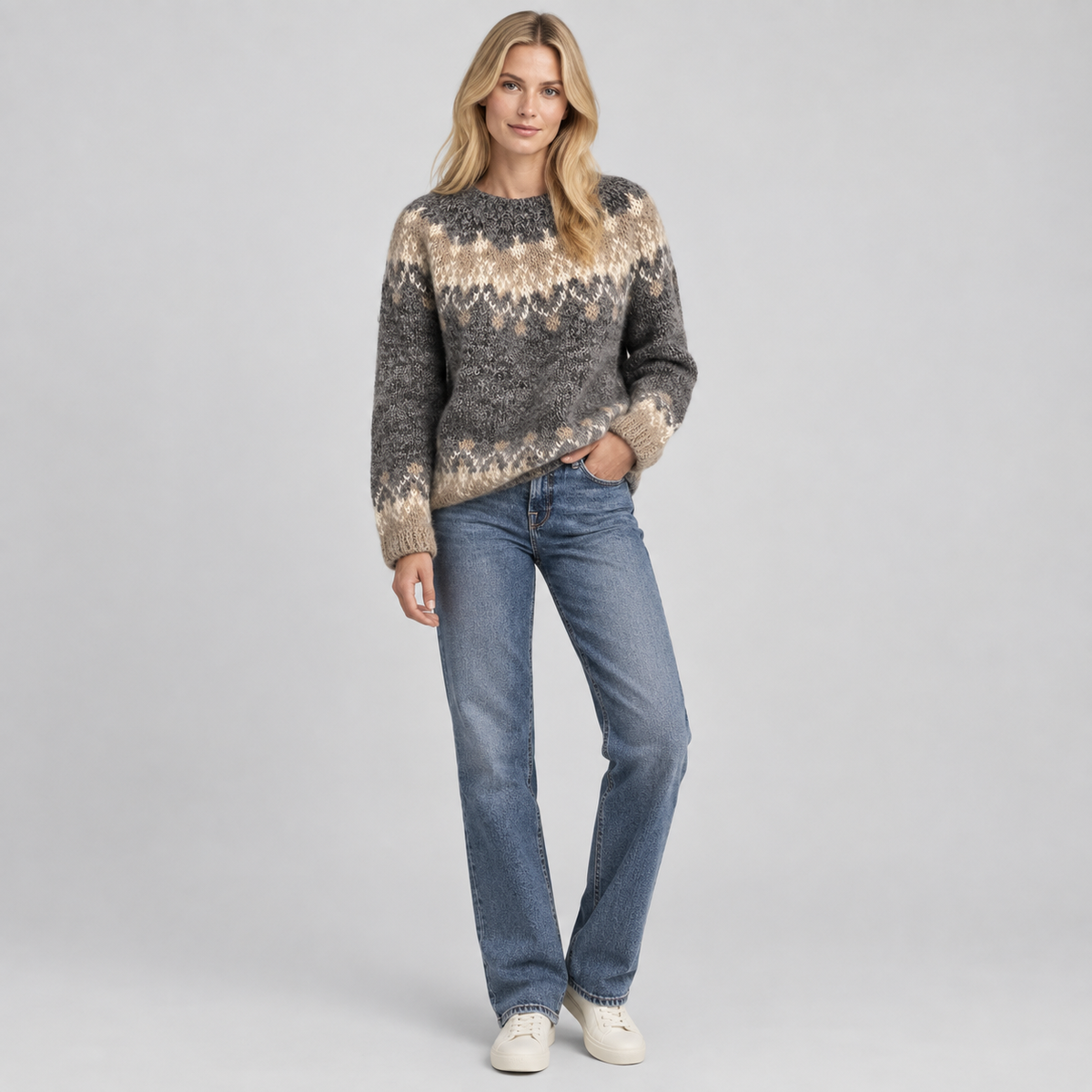 Women’s Fair Isle Jacquard Knit Sweater on a model, colour option