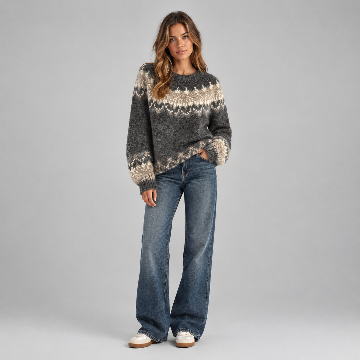 Women’s Fair Isle Jacquard Knit Sweater on a model, colour option