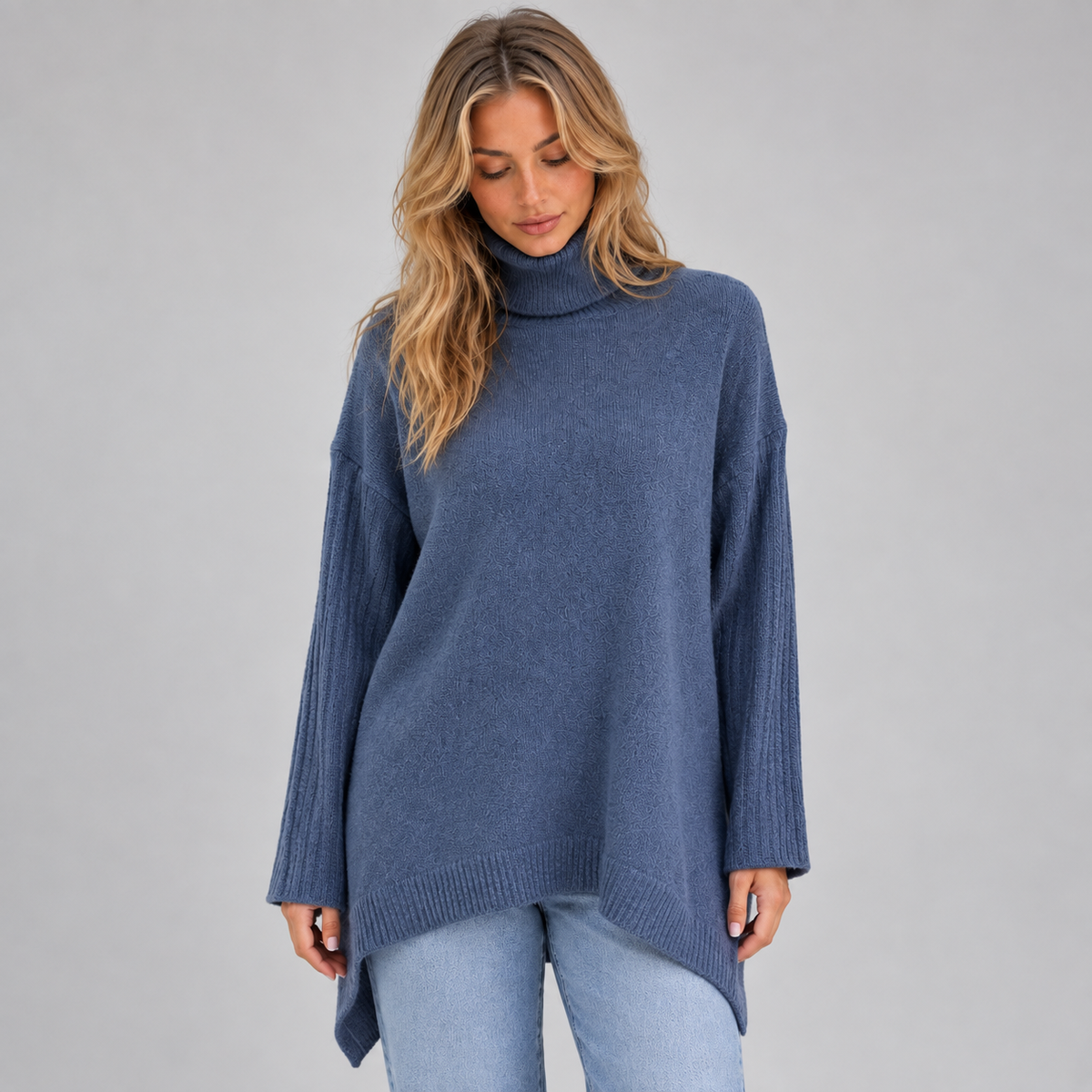 Women’s Roll Neck Oversized Jumper on a model, front detail