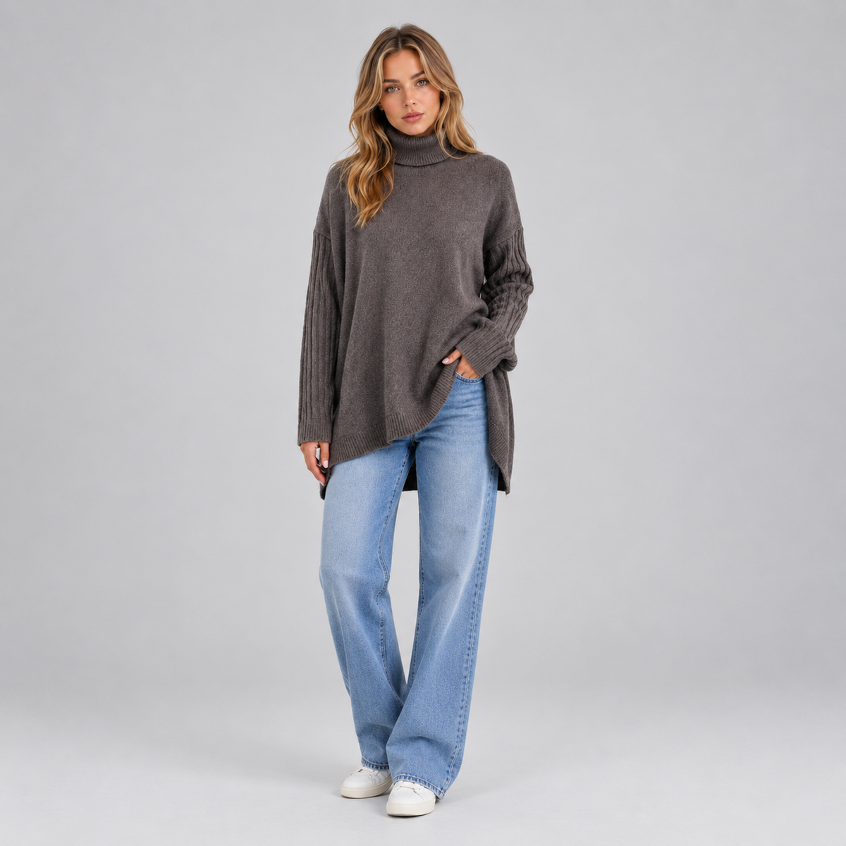 Women’s Roll Neck Oversized Jumper on a model, colour option