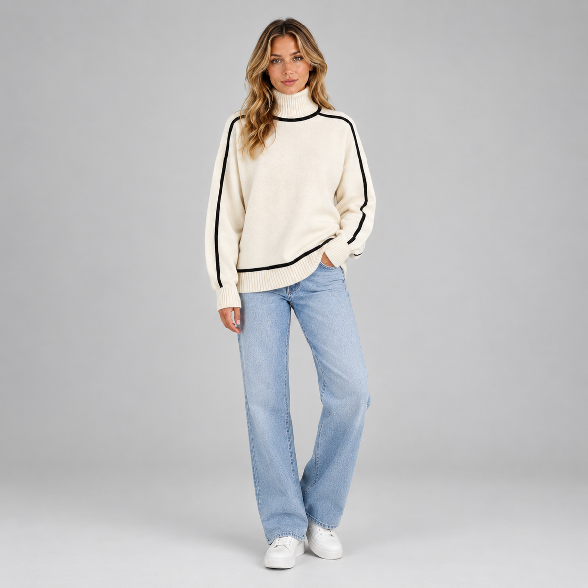 Women’s Roll Neck Jumper on a model, colour option