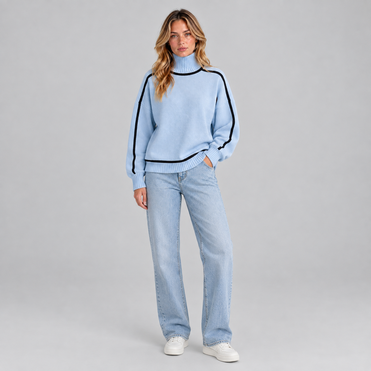 Women’s Roll Neck Jumper on a model, colour option