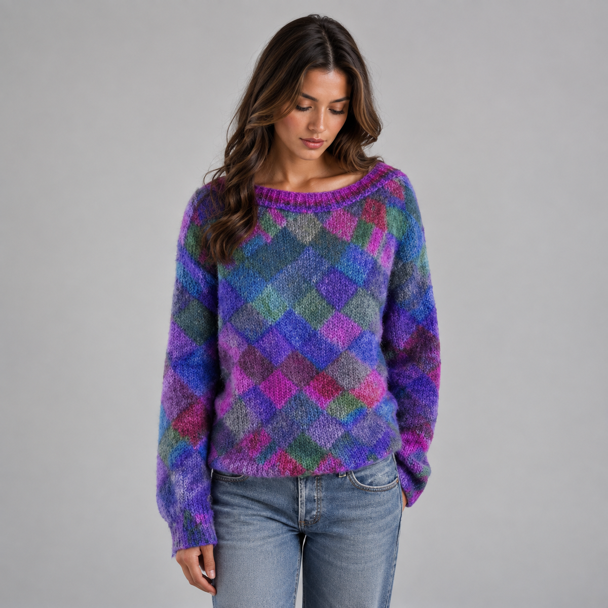 Women’s Relaxed-Fit Diamond-Pattern Knit Sweater on a model, front detail