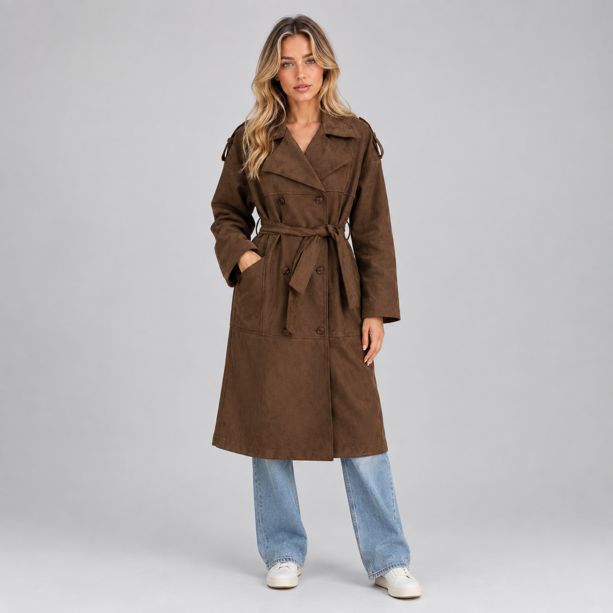 Women’s Suede Look Trench Coat on a model, front view