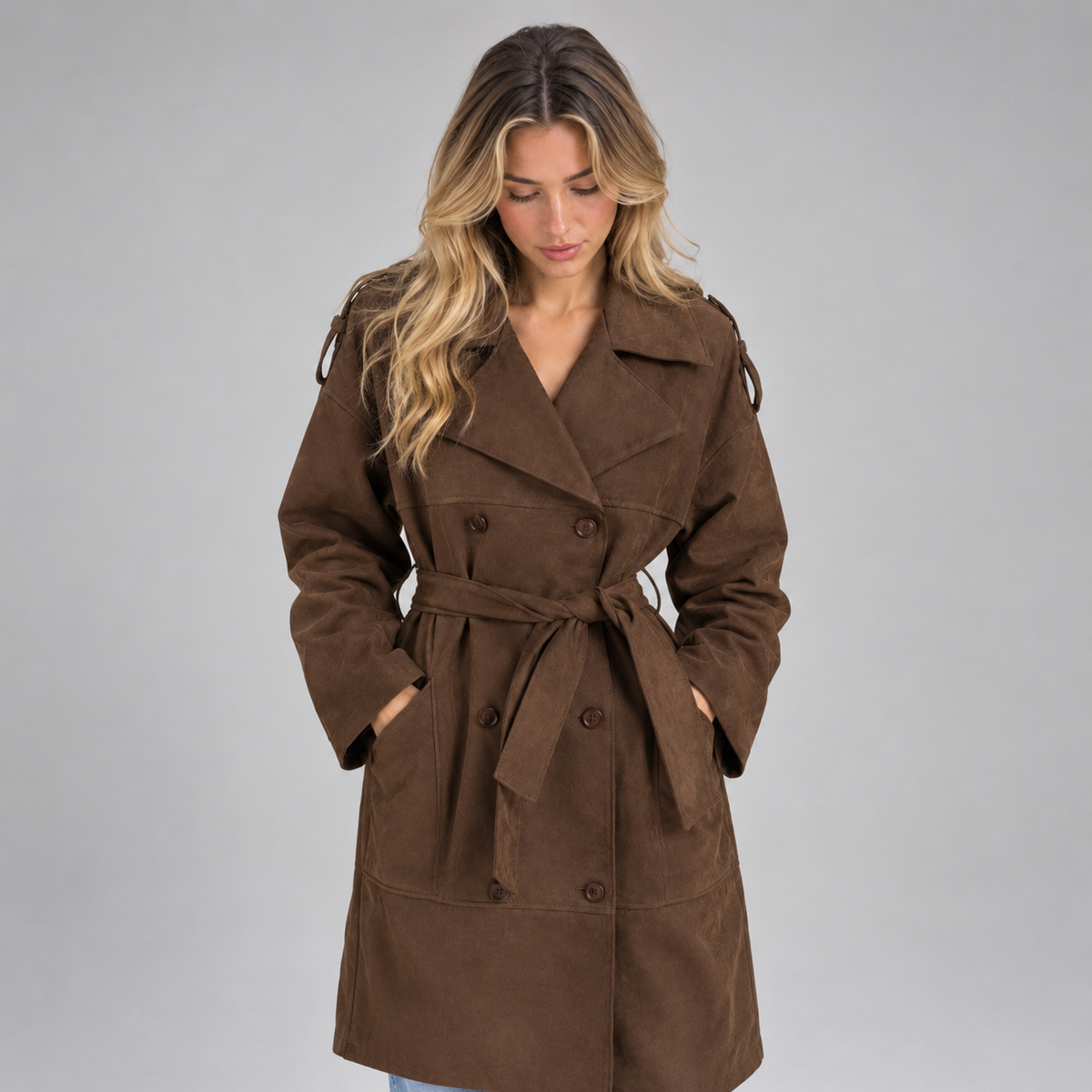 Women’s Suede Look Trench Coat on a model, front detail