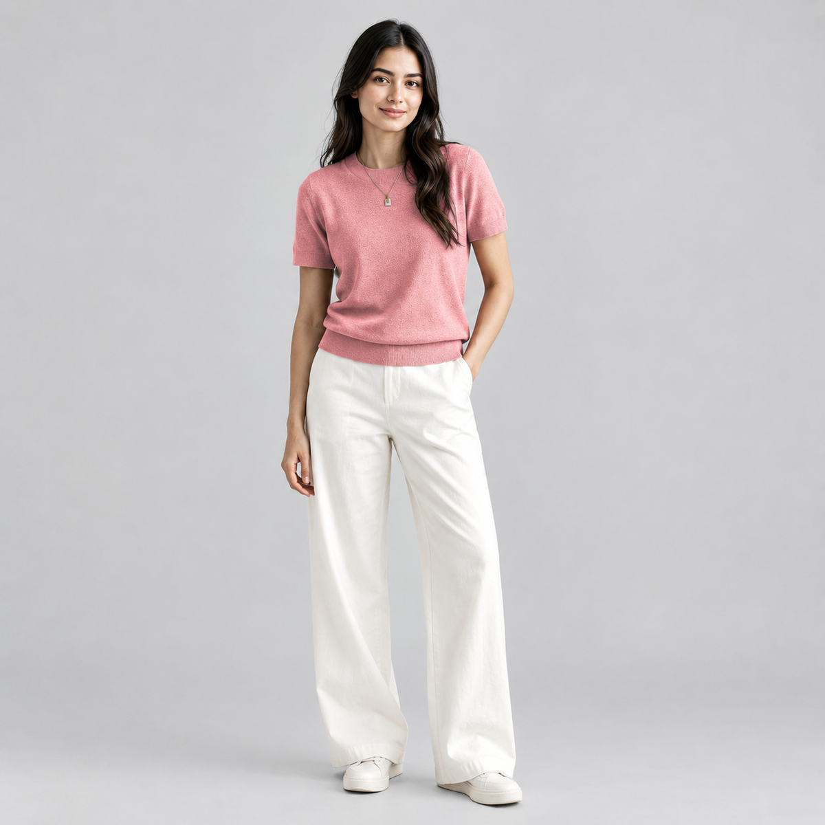 Women’s Relaxed Fit Short Sleeve Knit Sweater Top on a model, colour option