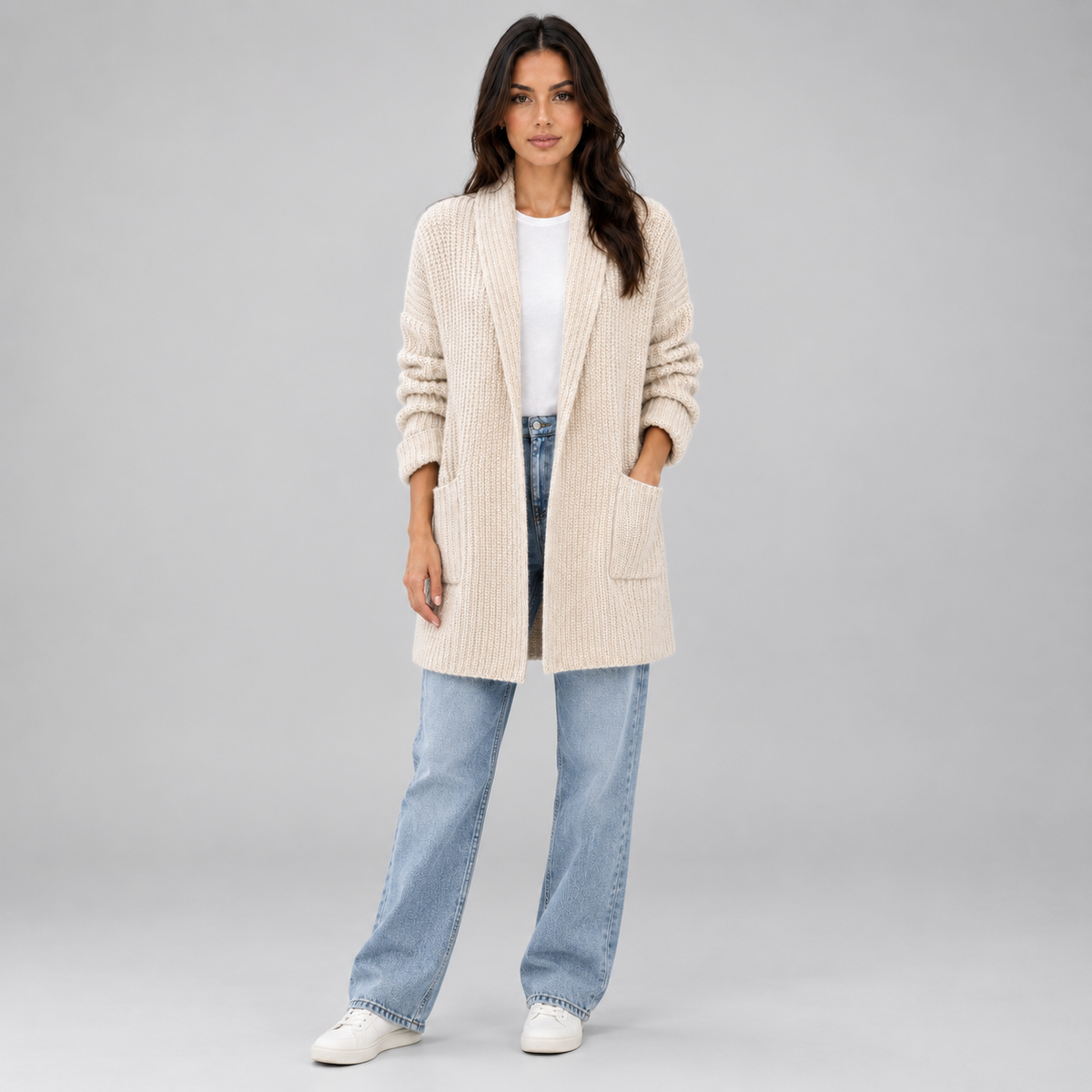 Women’s Open Front Cardigan with Pockets on a model, front view