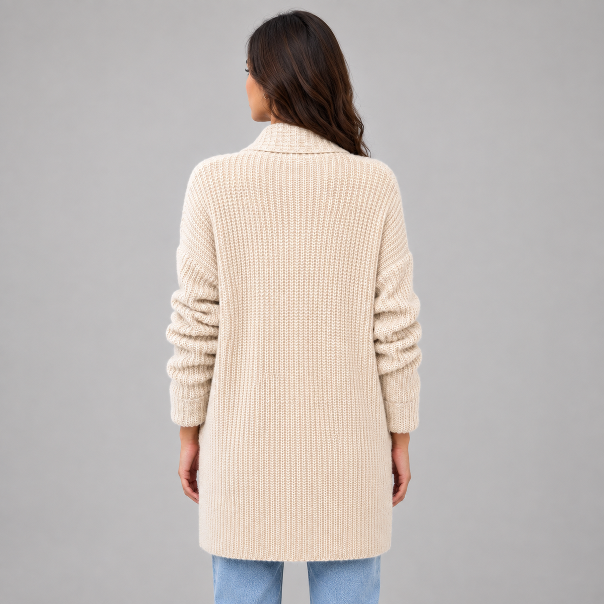 Women’s Open Front Cardigan with Pockets on a model, back view